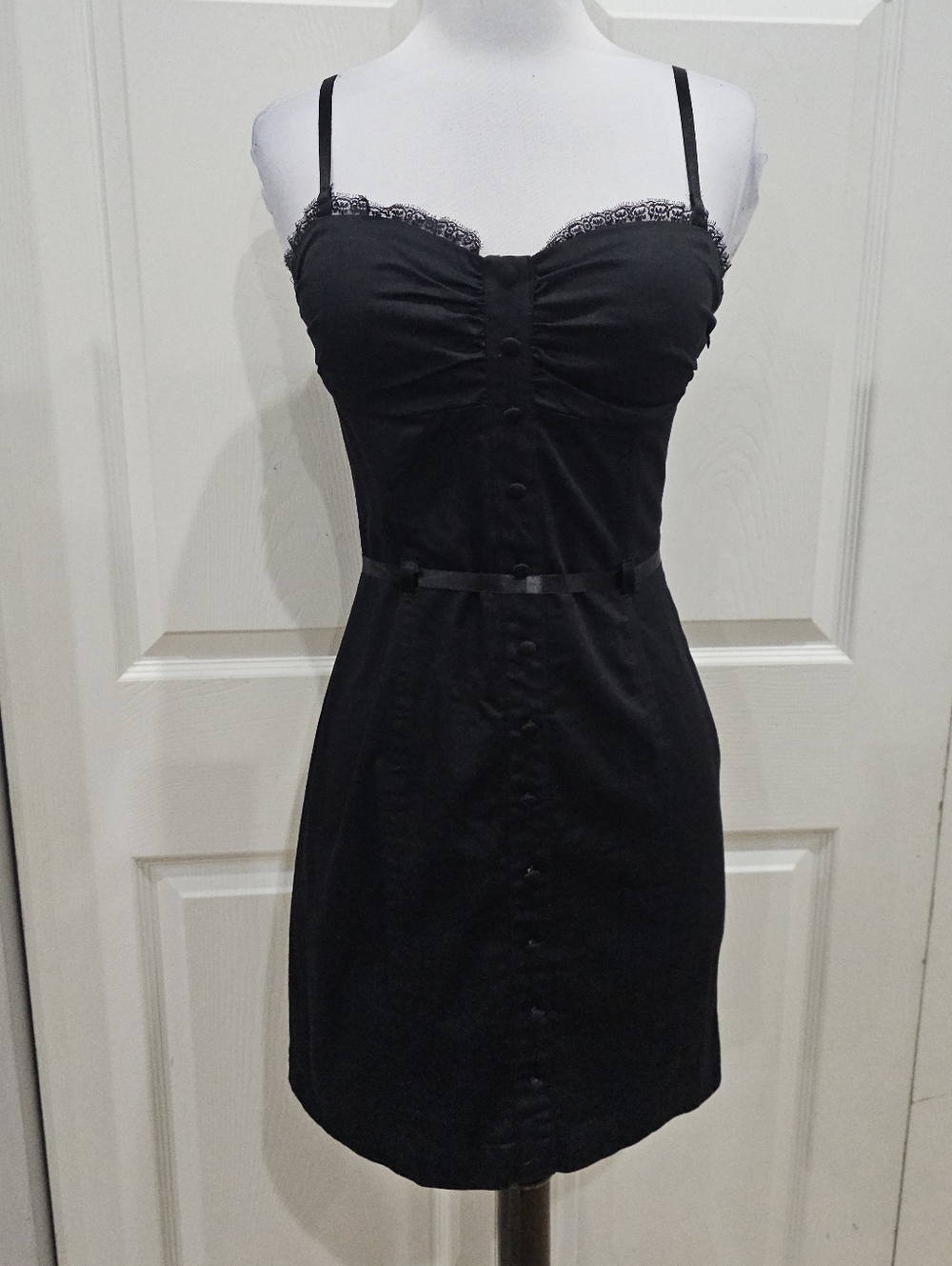 Forever 21 Goth Faux Button Down Lace Trim Ribbon Belt Mini Little Black Dress S
